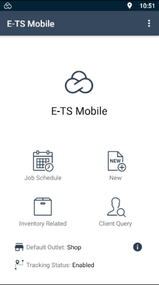 E-TS Mobile App main screen showing a title bar displaying the text “E-TS Mobile” to the left and Kebab menu on the right. The centre to the top half displays the E-TS logo above the text “E-TS Mobile”. The lower shows 4 buttons in a grid pattern for opening the “Job Schedule”, creating “New” quotes, jobs, and invoices, performing “Inventory Related” tasks and making a “Client Query”. The bottom displays the current set “Default Outlet” (with an “I” button to change this” and the “Tracking Status”.