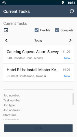 E-TS Mobile App Current Tasks screen showing a title bar displaying the text “Current Tasks” to the left and refresh button on the right. In the top ⅔ is a scrollable list of job tasks schedule for a particulate date. At the top of the “Current Tasks” list is a calendar button to change the date, options to show job tasks in the “Entering” and “Complete” status, buttons to change the day shown to 1 day earlier or later, and the chosen date is shown. Each listed job task displays the client’s name, the time it is scheduled for, and whither the task is “New”, “In progress”, “Paused” or “Complete”. The bottom ⅓ displays a scrollable list of more information about the currently selected job task in the list. The information currently visible on the shown screen size includes “Job number”, “Task number”, “Job address”, “Contact name” and “Start time”. At the bottom of the screen is a button to “Open” the currently selected job task.