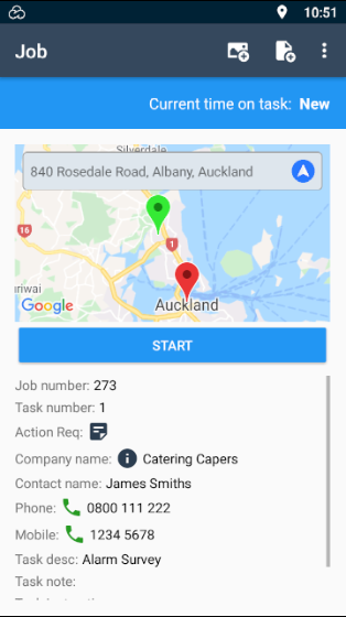 E-TS Mobile App Job details screen showing a title bar displaying the text “Job” to the left and on the right, an add image button, a timer button, and a Kebab menu. Below this is a coloured status bar (currently blue for a “New” task) that also shows the “Current time on task”. Next is a map showing the job address location in respect to the device’s current location with a navigation button to use the device’s navigation app to navigate to the job address. Below the map is a button the “Start” recoding the user’s time working on the job task. Below the “Start” button is more detailed information about the job and job task in a scrollable list; “Job number”, “Task number”, a button to record an “Action Req”, “Company name” (and an “I” button to see more information client), “Contact name”, “Phone” number, “Mobile” phone number, “Task desc” and “Task note” are currently visible.