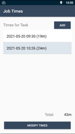 E-TS Mobile App Job Times screen showing a title bar displaying the text “Job Times”. This screen is listing the “Times for Task”, showing when each time logging was started and how long it tracked. In the top right corner (just below the title bar) is a button to “Add” another time log. At the bottom right of the list is a “Total” number on minutes spent on the task. At the bottom of the screen is a button to “Modify times”.