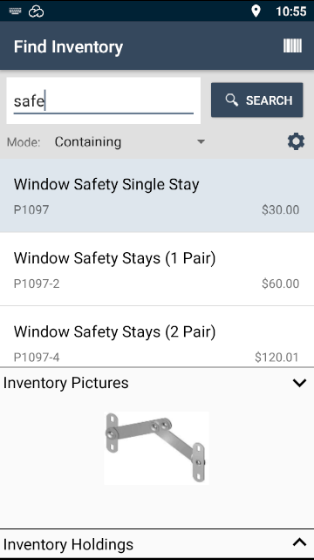 E-TS Mobile App Find Inventory screen showing a title bar displaying the text “Find Inventory” to the left and barcode button on the right. Just below the title bar is a search text entry field with a “Search” button to its right. Just below the search field is a dropdown list to change the search method between “Beginning”, “Containing” (currently selected), “Containing Exact” and “Exact”, and a cog button to set other search options. Below this is a list of the results returned by the search. Below the list are options to see “Inventory Pictures” (currently expanded) or “Inventory Holdings”.