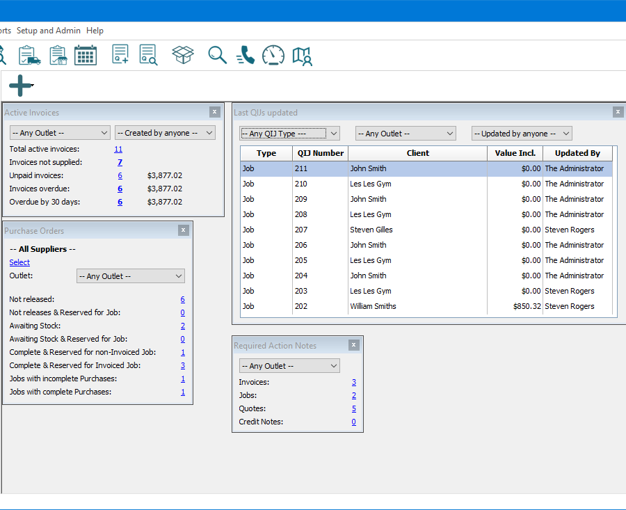 E-TS Workstation section of main screen focused on the opened Dashboard. Above the Dashboard, the main menu options and buttons for commonly used functions are visible. Below this is a dropdown button, for adding gauges to the Dashboard. Below this is the Dashboard with 4 gauges currently showing; “Active Invoices”, “Purchase Orders”, “Last QIJs updated” and “Required action Notes”.