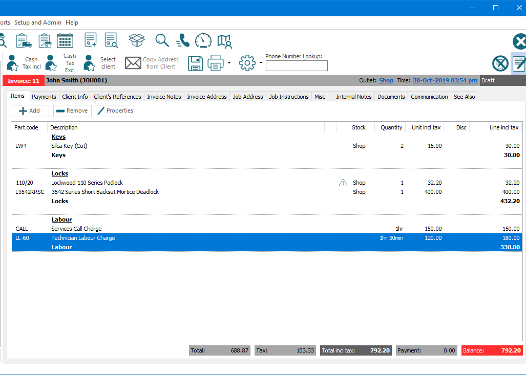 E-TS Workstation section of main screen focused on an opened Invoice’s “Items” tab. Above the Invoice the main menu options and buttons for commonly used functions are visible. Below this are buttons for commonly used functions in relation to the Invoice; change the client to “Cash Tax Incl”, change the client to “Cash Tax Excl”, “Select Client”, “Copy Address from Client” (currently disabled), saving, printing and print menu, cog menu for other functions, and a search field for “Phone Number Lookup” to find and change the client on the invoice. Below this is a summary bar showing the “Invoice” number, the assigned client’s description, and client code, assigned “Outlet”, and “Time” stamp. Below the summary bar are numerous tabs, including line “Items” (currently active), “Payments”, “Client info”, “Invoice Address”, “Job Instructions”, “Documents”, and more. The “Items” tab shows a List of items that are assigned to the Invoice. Each line displays a “Part code”, “description”, the outlet the “Stock” will be supplied from, the “Quantity” being invoiced, the “Unit incl tax” price, any discount, and the total price for the “Line inl tax”. Some items display a section heading above their “Description” and some display a section subtotal heading below it, with a sub-total price below the “Line incl tax” price. At the bottom are the overall totals for the invoice.