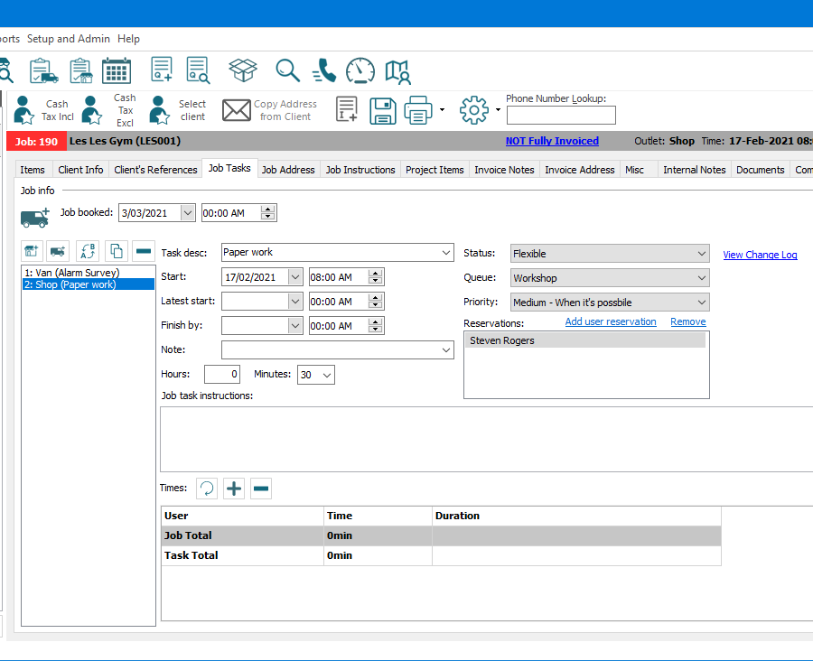 E-TS Workstation section of main screen focused on an opened Job’s “Job Tasks” tab. Above the Job the main menu options and buttons for commonly used functions are visible. Below this are buttons for commonly used functions in relation to the Job; change the client to “Cash Tax Incl”, change the client to “Cash Tax Excl”, “Select Client”, “Copy Address from Client” (currently disabled), quick invoicing (currently disabled), saving, printing and print menu, cog menu for other functions, and a search field for “Phone Number Lookup” to find and change the client on the job. Below this is a summary bar showing the “Job” number, the assigned client’s description and client code, invoice status, assigned “Outlet”, and “Time” stamp. Below the summary bar are numerous tabs, including line “Items”, “Client info”, “Job Tasks” (currently active), “Job Address”, “Job Instructions”, “Documents”, and more. The “Job Tasks” tab first shows a section for “Job info”, which has entry fields for the “Job booked” date and time. Below this, on the left, is a list of Job Tasks created for the Job below buttons for adding a new Workshop or Van task, changing a task’s type, coping a task, and deleting a task. To the right of these buttons and list, are numerous entry fields and dropdown lists for data such as “Start” time and “Task Description”, a list of reserved users, and a list of “Times” with totals, all associated to the currently selected Job Task.