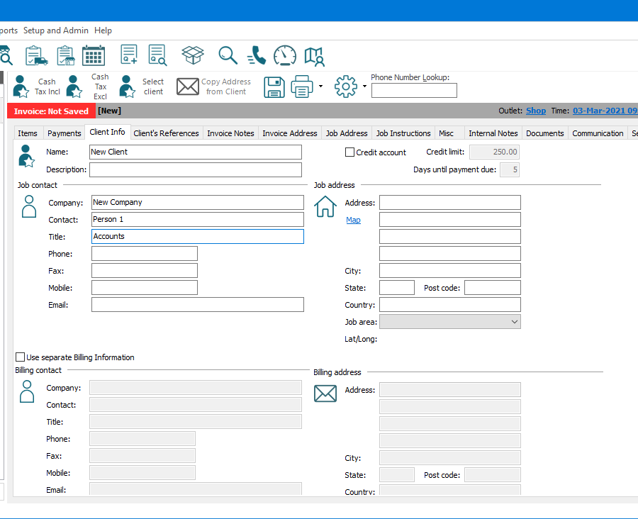 E-TS Workstation section of main screen focused on a new Invoice’s (for a new client) “Client Info” tab. Above the Invoice the main menu options and buttons for commonly used functions are visible. Below this are buttons for commonly used functions in relation to the Invoice; change the client to “Cash Tax Incl”, change the client to “Cash Tax Excl”, “Select Client”, “Copy Address from Client” (currently disabled), saving, printing and print menu, cog menu for other functions, and a search field for “Phone Number Lookup” to find and change the client on the invoice. Below this is a summary bar showing the “Invoice” number, the assigned client’s description, and client code, assigned “Outlet”, and “Time” stamp. Below the summary bar are numerous tabs, including line “Items”, “Payments”, “Client info” (currently active), “Invoice Address”, “Job Instructions”, “Documents”, and more. The “Client info” tab shows entry fields for recording a new client’s “Name”, a “Description”, “Job contact” details, and “Job Address” details.