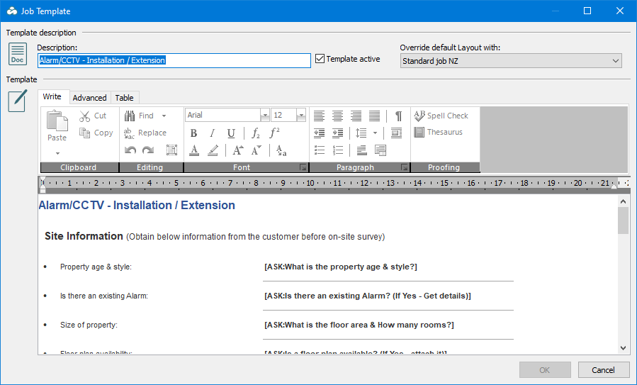 E-TS Workstation Job Template window. At the top of this window is a “Template description” section , with a field for entering a “Description, a checkbox for marking the “Template active”, and a dropdown list to “Override default Layout with”. Next is the “Template” section, which contains a rich text editor. In the bottom right corner are “OK” (currently disabled) and “Cancel” buttons.