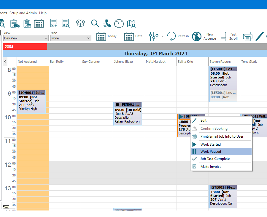 E-TS Workstation section of main screen focused on the opened Job Time Planner. Above the Job Time Planner, the main menu options and buttons for commonly used functions are visible. Below this are buttons and dropdown lists, for functions related to the Job Time Planner; these include, change the “View” to a weekly view for a particular user, “Hide” completed and invoiced jobs, switch the viewed date to “Today”, pick a “Date” to view, “Refresh” the view, and add a “New Absence”. Next, the day and date being viewed is displayed. Below this there are multiple columns for Job Tasks “Not Assigned” and the applicable users. Visible are several Job Tasks, with one of them having been right clicked on to display a context menu, with options to “Edit”, “Confirm Booking” (currently disabled), “Print/Email Job Info to User”, record “Work Started”, “Work Paused”, or “Job Task Complete”, and to “Make Invoice”.