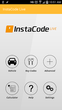 Main screen of the InstaCode Live Mobile App showing buttons for “Vehicle search”, “Key code search”, “Advanced Search”, “Plugins calculators”, “Help” and “Settings”.