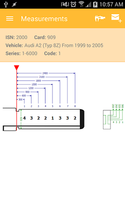 The InstaCode Live Mobile App showing all the possible space and depth measurements required to cut the key over an outline sketch of the key.