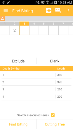 The InstaCode Live Mobile App “Find Bitting” screen, listing the cut positions with only the first two position with values entered, and buttons available to select a value for the subsequent positions.