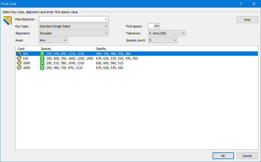 InstaCode PC Find Card window showing search fields for the possible known data for the key; “Manufacturer”, “Key type”, “Alignment”, “Axes”, “Spaces” and the distance to the “First Space” and a “Tolerance” for that value. In the top right corner is the “Find” button to execute the search. Below, the matching result are displayed, showing their card number, spaces measurements and depth measurements.  In the bottom right corner is a “Cancel” button and beside that is an “OK” button which will accept the currently highlighted search result.