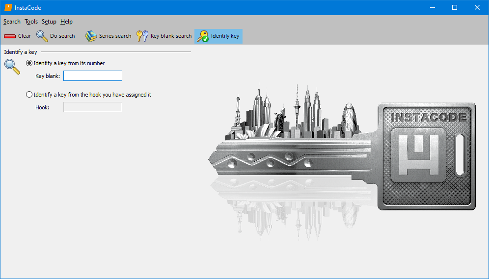 InstaCode PC Identify key search screen with a Windows menu bar containing options “Search”, “Tools”, “Setup” and “Help”. Beneath the menu is a row of 5 buttons, the first 2 are for performing the most common functions; “Clear” to clear all search criteria and “Do search” to search the entered criteria. The last 3 buttons are to choose the type of search to be performed; “Series search”, “Key blank search” and “Identify key”, which is currently selected. Beneath those buttons are 2 radial buttons to select if you are trying to “Identify a key from its number” or “Identify a key from the hook you have assigned it. Each option has a corresponding search field.