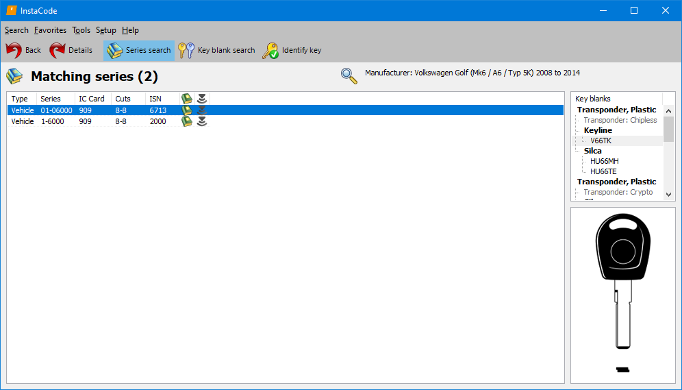 InstaCode PC series search results screen with a Windows menu bar containing options “Search”, “Tools”, “Setup” and “Help”. Beneath the menu is a row of 5 buttons, the first 2 are for performing the most common functions; “Back” to return to the main search screen and “Details” to continue onto the selected series’ details. The last 3 buttons are to choose the type of search to be performed; “Series search” which is currently selected, “Key blank search” and “Identify key”. Beneath those buttons are the results of the series search, listing each series’ “Type”, “Series” description, “IC Card”, “Cuts”, “ISN” and icons for the type of code storage the series’ use and whether the series use a Transponder system when used on the searched vehicle. To the right of the search results is a list of applicable key blanks with an image of the currently selected blank below the list.