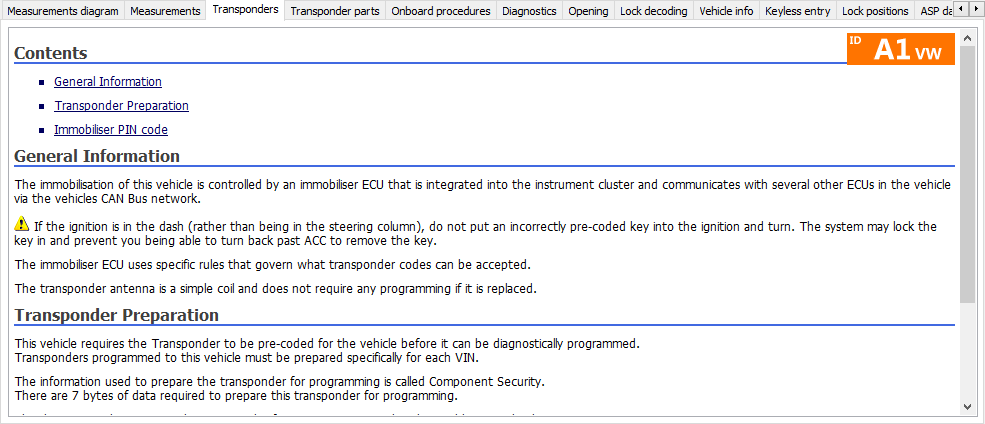 InstaCode PC section of the series detail screen containing the information tabs  “Measurements diagram”, “Measurements”, “Transponders”, “Transponder Parts”, “Onboard procedures”, “Diagnostics”, “Opening”, “Lock decoding”, “Vehicle info”, “Keyless entry”, Lock positions” and part of “ASP data” visible, with 2 directional buttons to select tabs currently not visible. The “Transponders” tab is selected and below is shown an information ‘page’ with a “Contents” section, “General Information” section and “Transponder preparation” section.