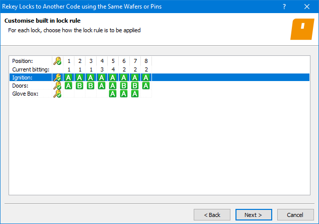 InstaCode PC window of the “Rekey Locks to Another Code using the Same Wafers or Pins” wizard, where the applicable locks are listed along with the positions that are known to contain wafers or pins. The positions that contain a wafer or pin are denoted with letters to differentiate which positions each wafer or pin can be swapped to. Next to each lock is a small image indication that the calculation will take that lock into consideration during the calculation. At the bottom of the window are 3 buttons; “Back”, “Next” and “Cancel”.