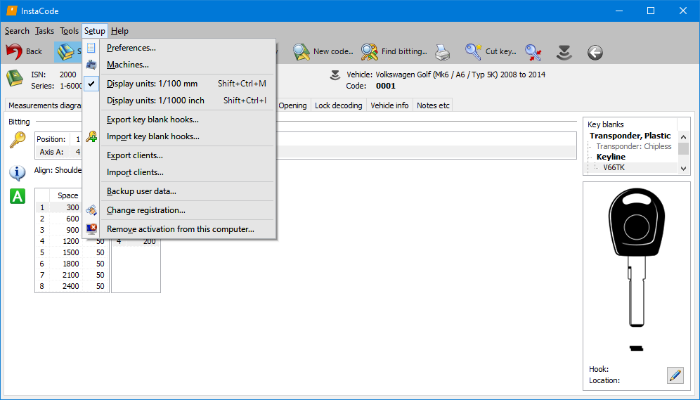 InstaCode PC series detail screen with a Windows menu bar containing options “Search”, “Tasks”, “Tools”, “Setup” and “Help”. The “Setup menu is expanded and is showing that the measurement units are set to display in 1/100 mm, with an option to switch them as 1/1000 inch. Other menu items of note include, “Preferences…”, “Machines…”, exporting and importing of key blank hooks, exporting and importing of clients and “Backup user data”