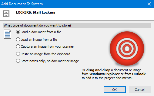 ProMaster Key Manager 8 Add Document To System window showing the system number and system description of the system that the document is going to recorded against. There are 5 radial button options to choose “What type of document you want to store?”. They are “Load a document from a file” (currently selected), “Load an image from a file”, “Capture an image from your scanner”, “Paste an image from your clipboard” and “Store notes only, no document or image”. On the right side is an image of a target with an additional option described below the target as “Or drag and drop a document or image from Windows Explorer or from Outlook to add it to the project documents”. In the bottom right corner, there is an “OK” button (for progressing with the chosen option) and a “Cancel” button.