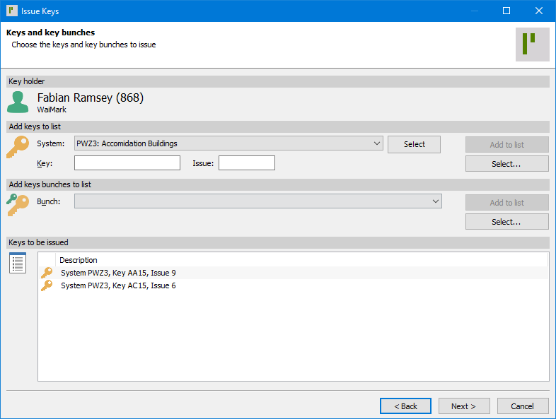 ProMaster Key Manager 8 Issue Keys wizard. Displayed is the Key holder (and their employee number) who the keys are being issued to. Beneath that is a section for selecting a key to be issued, with a dropdown list to select a key system along with fields for entering the key and key issue numbers and an ‘Add to list’ button, which is currently disabled. Additionally, there is a ‘Select’ button, to search for keys that have not yet been issued to any Key holder. Below that is a section for selecting a Key bunch to issue to the Key holder, with a dropdown list of available Bunches and a ‘Select’ button to search for key bunches that have not yet been issued to any Key holder. Lastly, a list of keys and key bunches to be issued to the key holder are displayed. In the bottom right corner are buttons “Back”, “Next”, and “Cancel”.