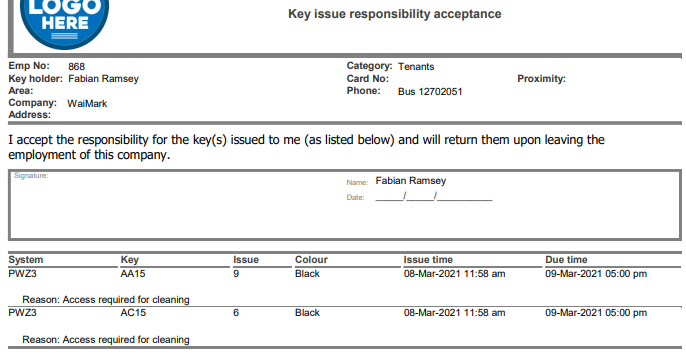 ProMaster Key Manager 8 Key issue responsibility acceptance form. This shows a section of the printed report that is produced when keys are issued (given) to a key holder. Shown is part of the report header, including part of a sample company logo image and the full report title “Key issue responsibility acceptance”. Below that, information about the ‘Key holder’ that the keys are being given to is displayed, including their name, employee number, key holder “Category”, “Company”, phone number and “Address”. Next, text is populated from the key holder’s “Category”, detailing the responsibilities that the key holder is agreeing to when receiving the keys followed by a ‘signature’ box containing the key holders name and place to write the date.