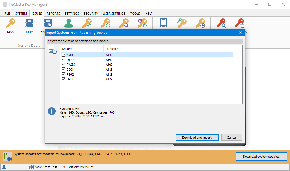 ProMaster Key Manager 8 Import Systems From Publishing Service window overlaying the main ProMaster Key Manager 8 window. The import window is showing a list of system updates that have been found on the publishing service, with checkboxes (all already checked) for selecting which system updates are to be downloaded and imported, the system number, and the name of the locksmith who has provided the update. Below the list is further information about the currently highlighted system update, displaying the system number, number of keys, doors, key issues and when the availability of the system update will expire. In the bottom right corner, there is a “Download and import” button for importing the selected system updates, and a “Cancel” button.