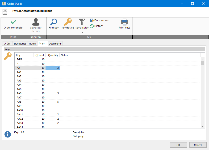 ProMaster Key Manager 8 Order (Add) window showing a new order for additional keys to be created. At the top of the window, the System’s number, and description, that the order is for, is displayed. Next is a ribbon of buttons grouped into 3 sections, “Tasks”, “Signatory” and “Key”. The “Task” section contains 1 button to mark the “Order complete”. The “Signatory section contains 1 button to see “Signatory details” (currently disabled). The “Key” section contains options to “Find key”, view “Key details”, apply a “Key display” filter, view a key’s “Door access”, view a key’s “History” and “Print keys”. Under the ribbon are 5 tabs; “Order”, “Signatories”, “Notes”, “Keys” (currently active) and “Documents”. The “Keys” tab shows a list of all keys in the system that can be ordered. The list shows the “Key” number, “Qty cut” already for that key, and entry fields for the “Quantity” to be ordered and recording “Notes” against the ordering of the key. Below the list, information about the currently selected key is shown; “Key” number, key’s “Description” and key’s “Category”. In the bottom right corner, there is an “OK” button (for saving the key order) and a “Cancel” button.