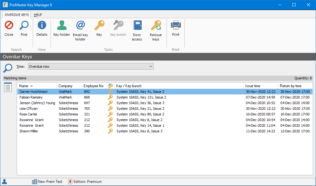  ProMaster Key Manager 8 Overdue Keys view. The top of this view has a menu ribbon with 2 tabs, OVERDUE KEYS (which is active) and HELP. The ribbon is divided into 4 sections: “Search”, “View”, “Tasks” and “Print”. The “Search” section has a button to “Close” the view, and a “Find” button to refresh the results below. The “View” section contains a “Details” button to view more in-depth details of the currently selected item in the below list. The “Tasks” section contains buttons for viewing the “Key holder” details, “Email key holder”, view the “Key”, view the “Key bunch” (currently disabled) , view the key’s “Door access” and “Reissue keys”. The “Print” section contains a button to print the list of items displayed below. Below the menu ribbon is a drop-down list of predefined time periods to affect the list below. Lastly, there is a list of key issue records that fit into the time period selected from the above drop-down list, showing the key holder’s “Name”, “Company”, “Employee No”, and icon indicating if the item is for an individual key or a key bunch, a description of the “Key / Key bunch”, the “Issue time” and the “Return by time”.