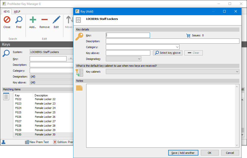 ProMaster Key Manager 8 Key (Add) window, on top of the main ProMaster Key Manager 8 window showing the keys of a system. The Key (Add) window displays the system number and system description that the key is being added to. Below that is a section for recording the “Key details”. This section has fields for entering the “Key” number, “Description”, “Category”, displaying the “Key above”, which is set by clicking the “Select key above” button beside it or is removed by clicking the “Clear” button (currently disabled) beside that, and a dropdown list to set the “Designation”. The next section is “What is the default key cabinet to use when new keys are received?”. This contains a dropdown list to choose a “Key cabinet”. Next there is a “Notes” section with a large plain text field to type notes in. In the bottom right corner, there is a “Save / Add another” button (for saving the key and instantly opening another Key (add) window), an “OK” button (for the key) and a “Cancel” button.