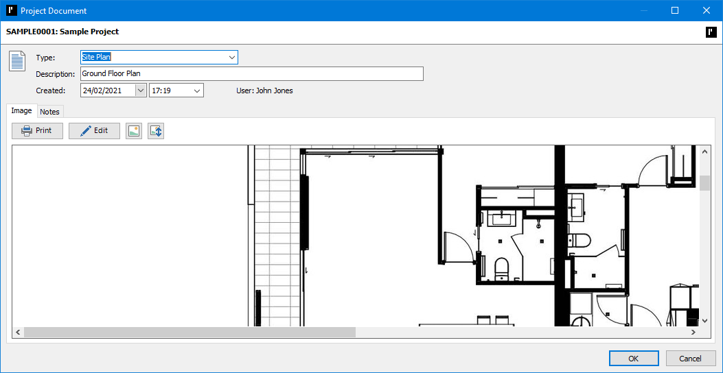ProMaster Hardware 7 Document window. The window first displays the current project number and description. Below this are fields for recording the document’s “Type”, “Description” and the date and time it was “Created”. Below these are 2 tabs; “Image” (currently active) and “Notes”. The “Image” tab has buttons to “Print” and “Edit” the image then buttons to display the image full size to to scale it so it fits the viewable area directly below the buttons. In the bottom right corner are “OK” and “Cancel” buttons.