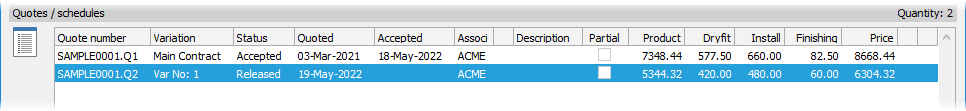 ProMaster Hardware 7 section of the Quotes / Schedule window, showing a list of 2 separate quotes for separate variations. The list shows each quote’s “Quote number”, “Variation”, “Status”, “Quoted” date, “Accepted” date, “Associate” name, “Description”, “Product” price, “Dryfit” price, “Install” price, “Finishing” price and total “Price”.