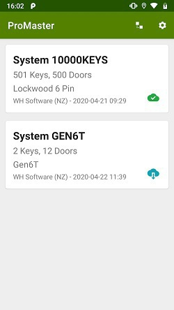 ProMaster Master-Keying Mobile main screen showing 2 job jobs available for manufacturing. The first job containing, 501 keys and 500 doors, is already downloaded, and the second job, containing 2 keys and 12 doors, is ready to be downloaded. 
