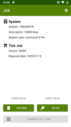 ProMaster Master-Keying Mobile view of a manufacturing job containing 501 keys and 500 doors, opened, and showing basic system information, and 2 buttons, the first is to see the doors that are to be manufactured and the second is to see the keys that are to be manufactured.