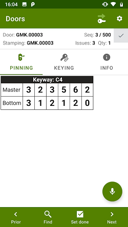 ProMaster Master-Keying Mobile door manufacturing screen showing door number, stamping, a sequence number, the issue number, quantity, and the pinning. At the bottom of the screen are buttons; “Prior” to switch to the prior door, ”Find” to finding a specified door number, “Set done” to record the door as having been assembled, and “Next” to switch to the prior door. Just above the bottom buttons is a button to turn on voice commands.