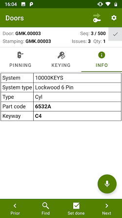 ProMaster Master-Keying Mobile door manufacturing screen showing door number, stamping, a sequence number, issue number, quantity, system number, system type, lock type, lock part code and keyway. At the bottom of the screen are buttons; “Prior” to switch to the prior door, ”Find” to finding a specified door number, “Set done” to record the door as having been assembled, and “Next” to switch to the prior door. Just above the bottom buttons is a button to turn on voice commands.