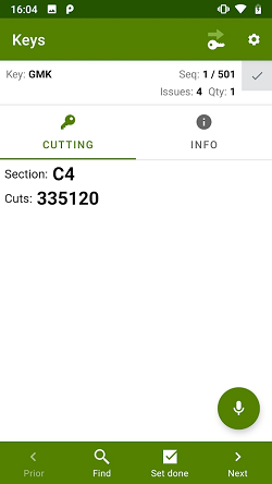 ProMaster Master-Keying Mobile key manufacturing screen showing key number, a sequence number, the issue number, quantity, key section, and the cuts. At the bottom of the screen are buttons; “Prior” to switch to the prior key, ”Find” to finding a specified key number, “Set done” to record the key as having been cut, and “Next” to switch to the prior key. Just above the bottom buttons is a button to turn on voice commands.