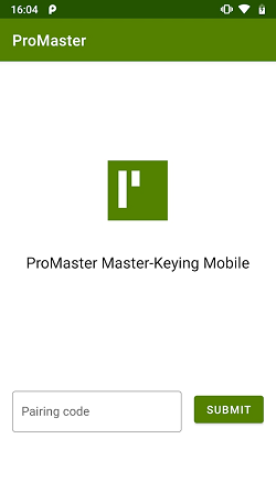 ProMaster Master-Keying Mobile pairing screen where a pairing code generated by ProMaster Master Keying on a PC can be entered and submitted using the “Submit” button shown.