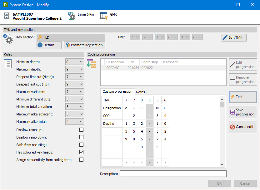 ProMaster Master-Keying 8 System Design – Modify window. This shows the numerous settings that constitute the system design. The top of the window displays the system number, system description, system type and keying type. Below this, the “Key section” is shown with buttons below it to see the “Key section” “Details” and to “Promote key section”. Beside that the “TMK” is shown along with a button to “Edit TMK”. On the left side of the window, there are dropdown lists to define the rules for when a system is codded. On the right side is a list of “Code progressions” with “Edit progression” and “Remove progression” buttons (both currently disabled). Beneath the “Code progressions” is where a “Custom progression” is currently being edited on a tab. The tab contains a grid with each column corresponding to a cut position, and list the “TMK” cut, “Designation”, and “SOP” (Sequence Of Progression) for each position. Then all the available cut “Depths” are list below the “SOP”. Beside the “Custom progression” tab is a “Notes” tab. To the right of the tabs are buttons “Test”, “Save progression” and “Cancel edit”. In the bottom right corner are “OK” and “Cancel” buttons (currently disabled).