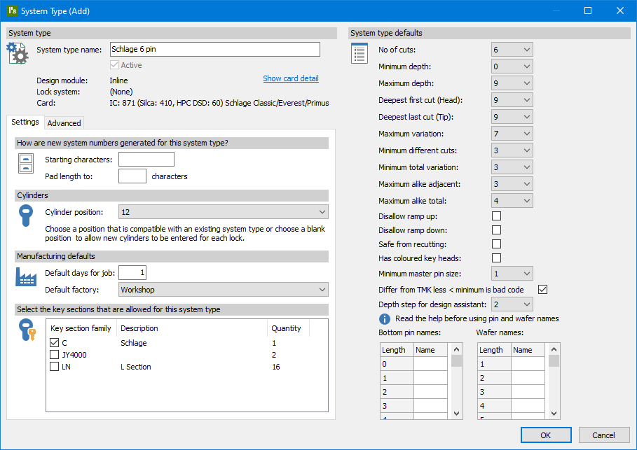 ProMaster Master-Keying 8 System Type window. This shows numerous setting to define a locking product. On the left side, there is a field for the “System type name” and beneath that are the details of which “Design module”, “Lock system” and “Card” it will use. Next are 2 tabs “Settings” and “Advanced”. The Setting tab is selected and on that are options for generating new system numbers, configuring cylinder for locks, the default manufacturing time frame and factory, and options to restrict the system type to certain key sections. On the right side, there is a dropdown list to set the number of cuts for the system type along with 16 other setting to define the default rules for when a system is codded. Beneath those are 2 tables for changing the names of bottom pins and master wafers on the pinning charts. In the bottom right corner are “OK” and “Cancel” buttons.